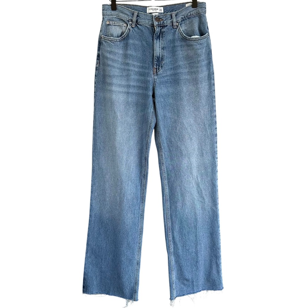 Pull&Bear Wide Leg High Rise 100% Cotton Jeans Light Medium Wash Raw Hem 6 Tall